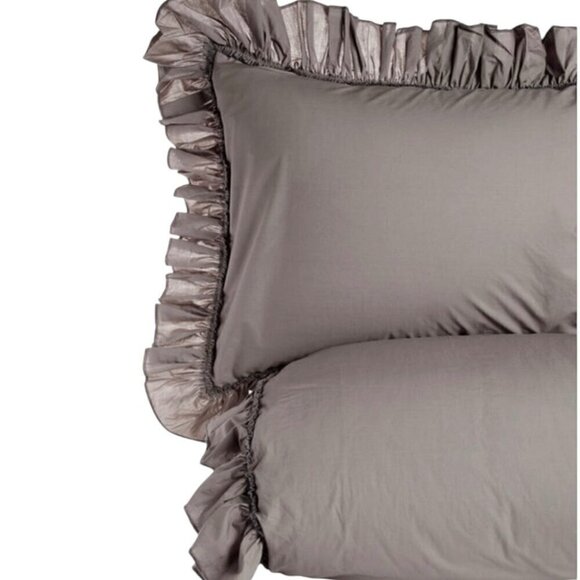 NWT Ruffle Duvet Cover Set King 3 PCs 100% Washed Cotton Gray Solid Bedding - Picture 2 of 8